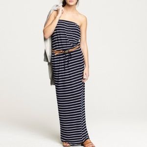 J Crew Navy Blue White Stripe Strapless Maxi Dress XS
